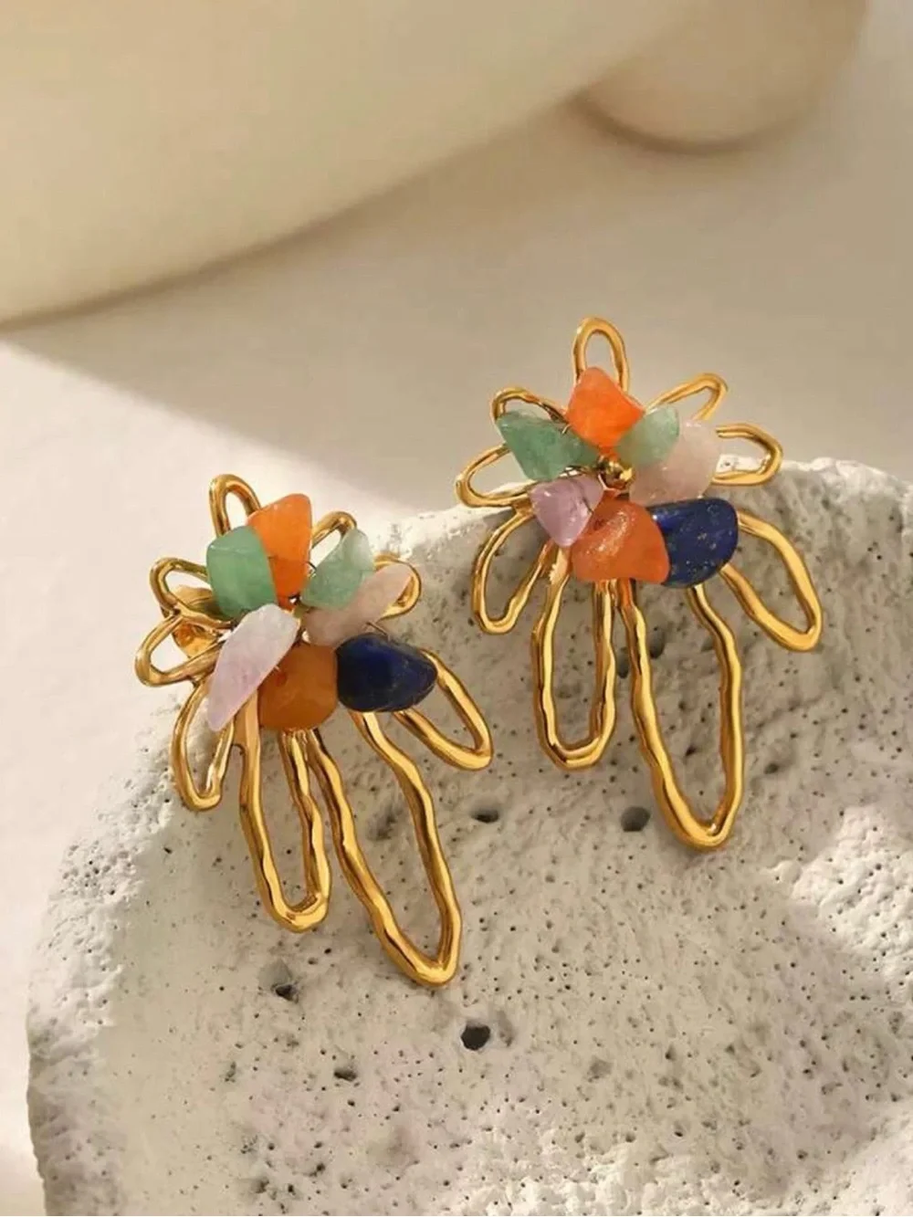 Gold Floral Loop Earrings with Multicolor Stone Chips